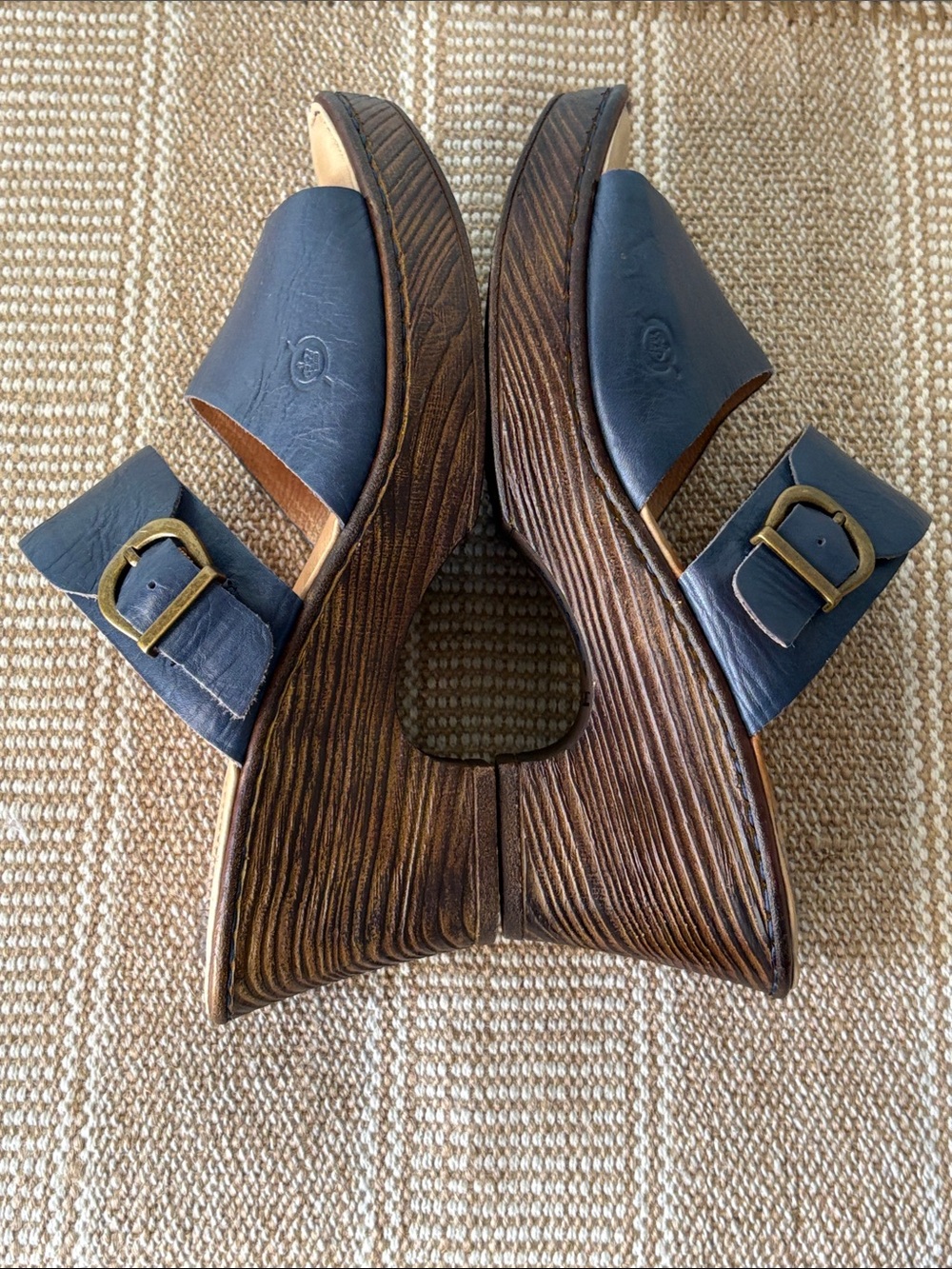 Born Navy Blue Leather Double-Strap Wedge Sandals; Adjustable buckles Size-8 - Picture 7 of 12
